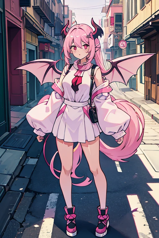 Hot sucubu girl with demon wings and tail, pink-white haur, peacefully in the street full body