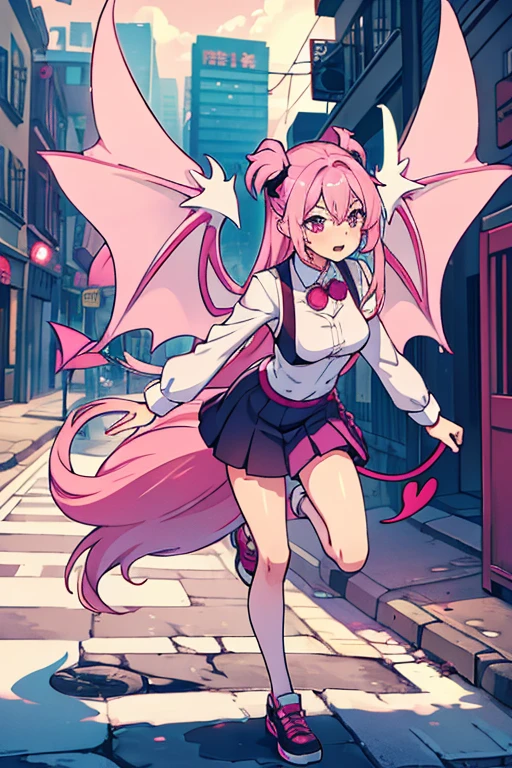 Hot sucubu girl with demon wings and tail, pink-white haur, peacefully in the street full body