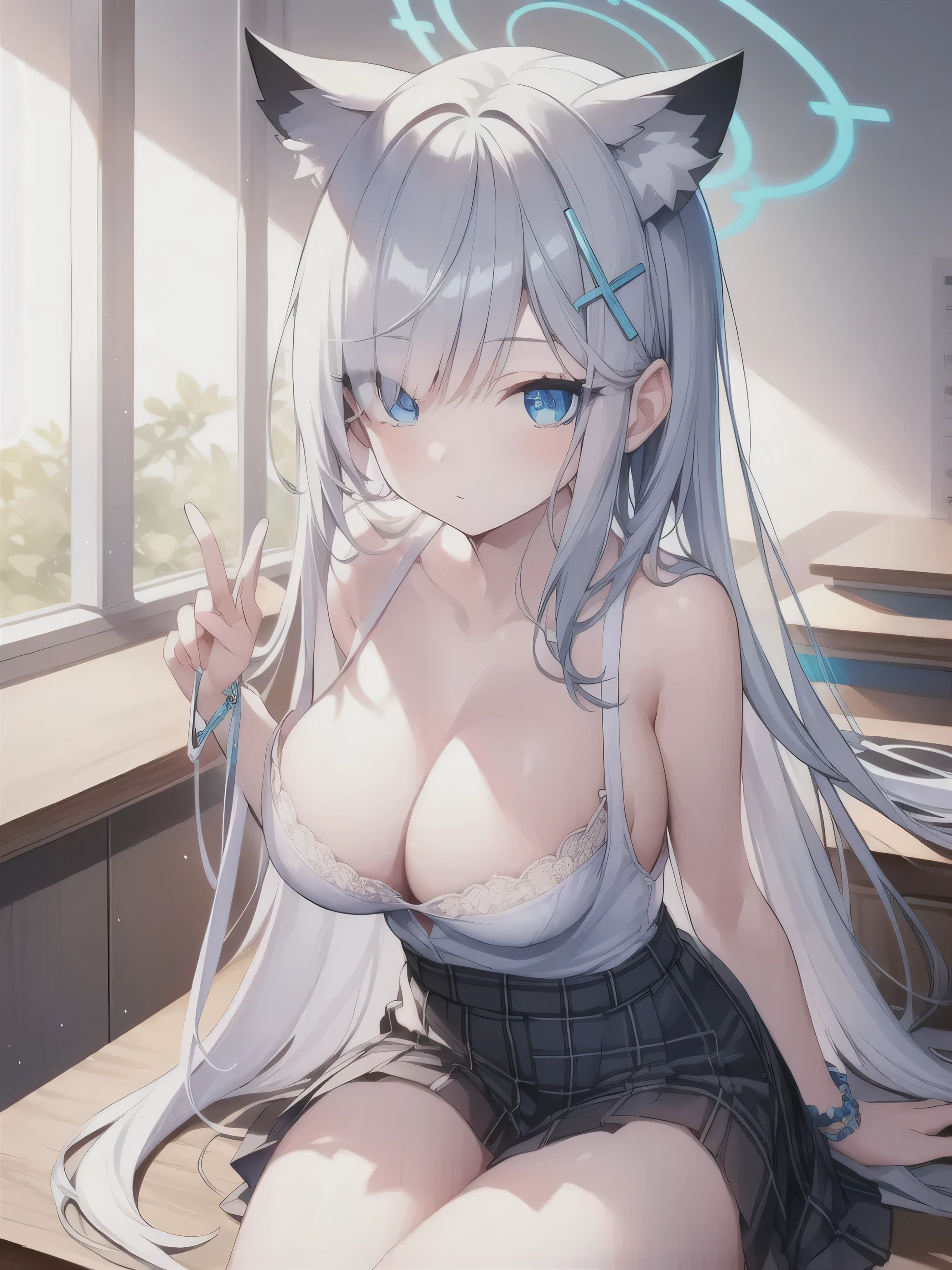 A girl,long hair, Bangs, White hair, Hair between the eyes, (blue eyes:1.5), (Large Breasts:1.2),
rest clavicle, White shirt, Pleated Skirt, mini skirt, bracelet, Red skirt,Cleavage,nipple,
rest looking at viewer, whole body,
rest indoors, classroom,
rest (masterpiece:1.2), best quality, high resolution, Unity 8k Wallpaper, (illustration:0.8), (Beautiful and delicate eyes:1.6), Extremely detailed face, Perfect lighting, Extremely detailed CG, (Perfect hands, Perfect anatomical structure),