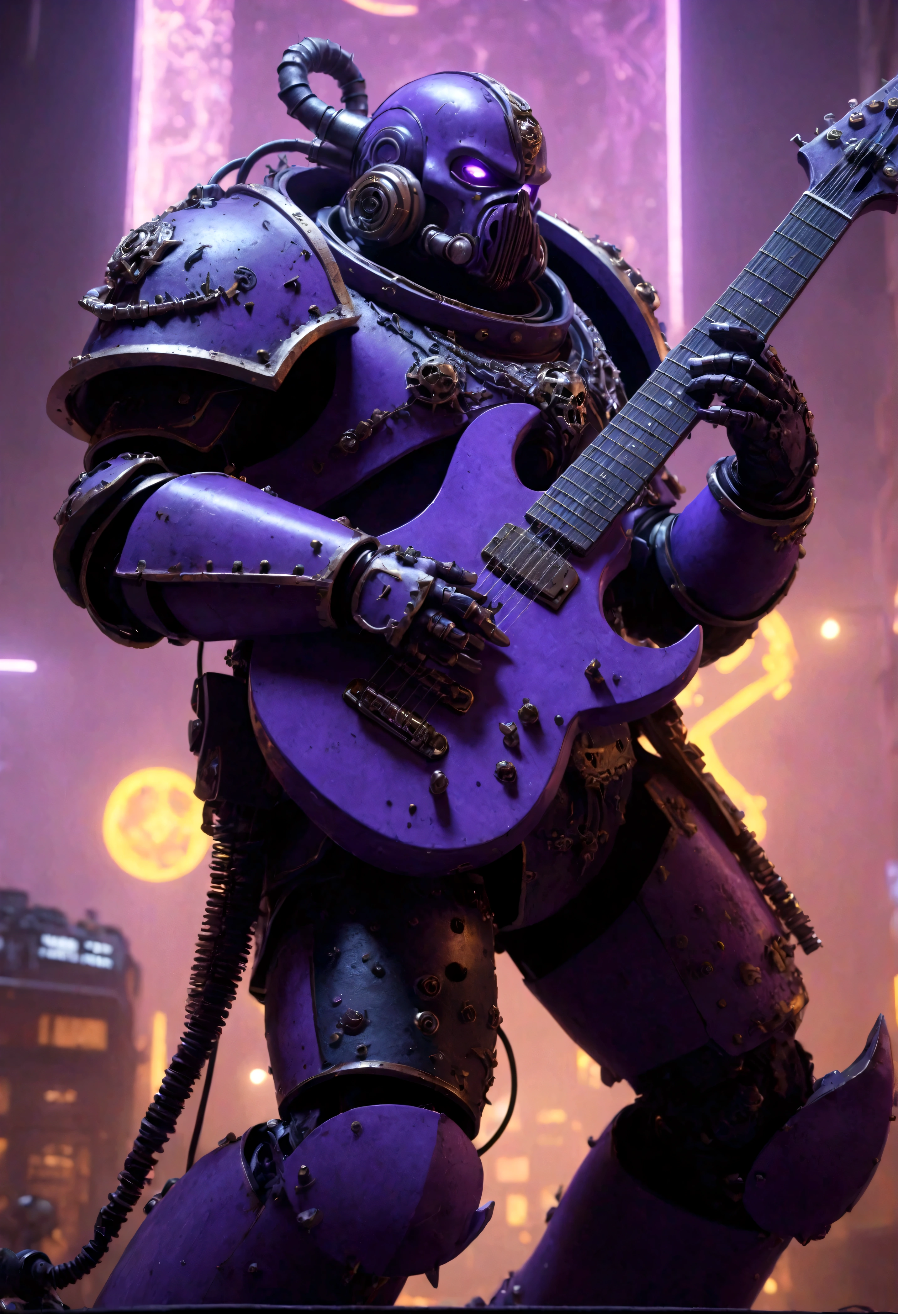 A chaos noise marine, purple primary color scheme, chaos styled guitar, powerful speakers on back blasting deadly noise, hi gothic future city, highly detailed, photorealistic, 8k, cinematic lighting, dramatic composition, complex machinery, neon lights, atmospheric haze, intricate details, masterpiece