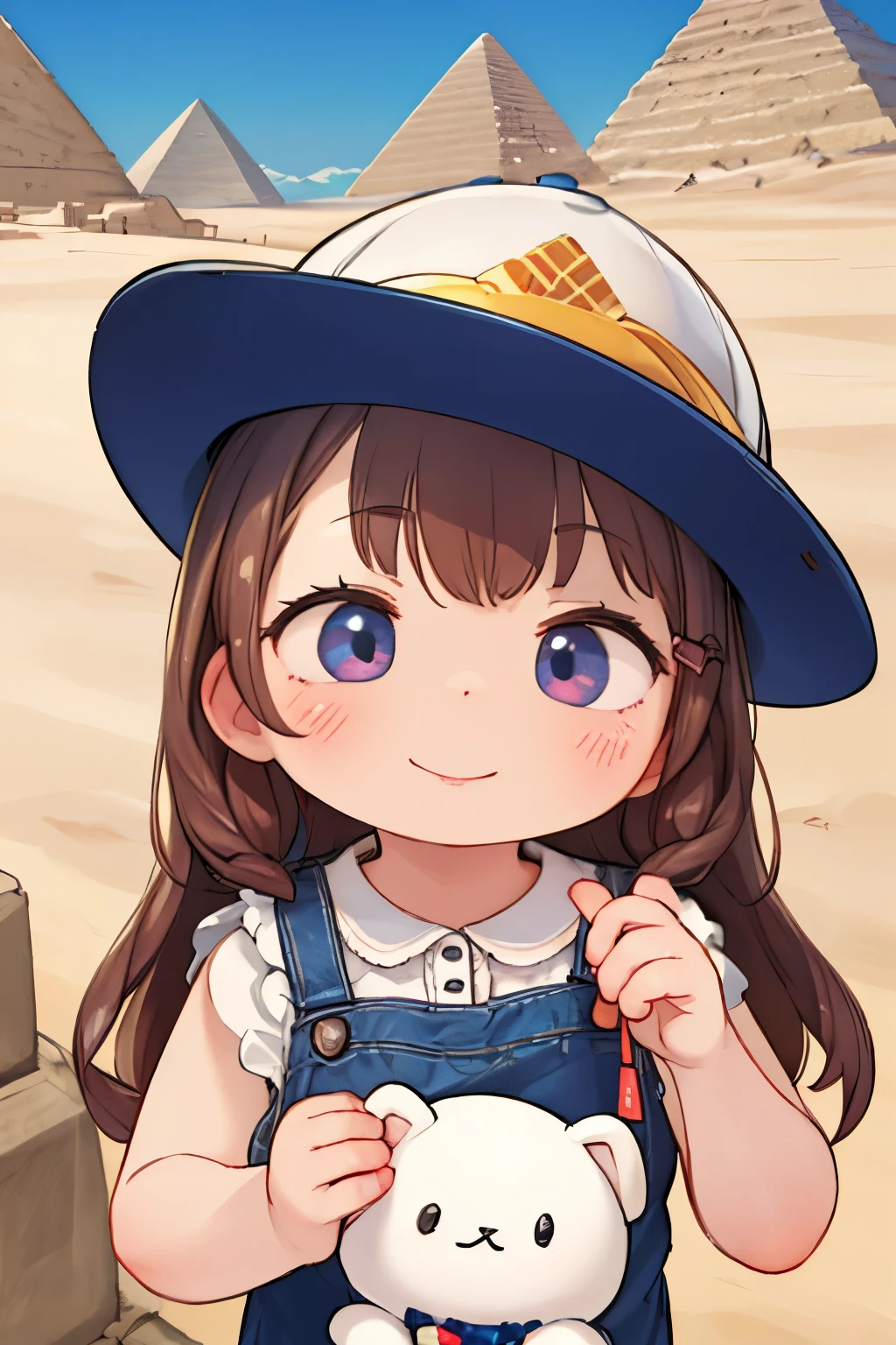 Photorealistic、Chibi girl doll visiting the pyramids of Egypt、smile、hat