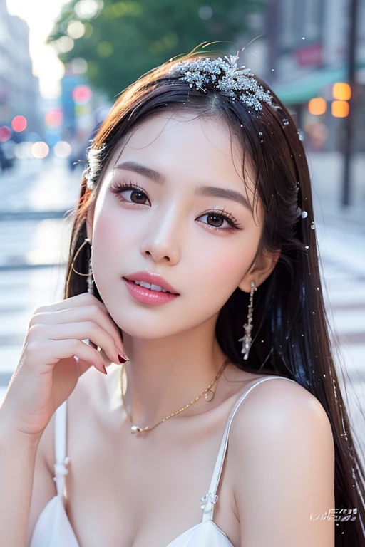 1 girl, Korean model, extremely beautiful, perfect body. Photo taken with Canon RF 85mm f/1.2 Camera adjusted to sharp mode for capturing people and landscape backgrounds. 8K photo quality, lifelike, masterpiece, sharpest and highest contrast, large depth of field, stereoscopic lighting. Her hair is pink, long and smooth, the wind blows it beautifully under the bright sunlight. Beautiful face, perfect and sexy, holy, perfectly proportioned, beautiful in every detail, ((shiny)), high-end cosmetic makeup. Bright smile, pure white teeth and details. Attractive glossy red lips, brilliant glossy red lipstick. Brown eyes, glossy, seductive, ((sharp makeup)), realistic, ((wet eyes)), detailed. Pink eyeshadow, long eyelashes, blush, high-end cosmetics. Two delicate eyelids, perfectly beautiful and detailed, black eyelashes. Eyebrows are curved, sparse, sharp and detailed. High and detailed nose. Cheeks are prominent and detailed. ((Bright white skin)), detailed pores, shiny skin, smooth skin. Long, shiny legs. Hands are beautiful, perfect, ((no flaws)), no defects. Complex lighting, yellow-black rays, ((lighting directly on the face)), sparkling sunlight, ((lighting on the front of the girl's body)). Gold and silver earrings, diamond necklace, emerald belt, Rolex watch, thin pink shirt, blue dress, high heels, jade bracelet. ((Close-up of Girl on the street, white snow, cold wind, ice, cold, numb, frozen, snowflakes, lonely, magical, dreamy, waiting, hoping)).