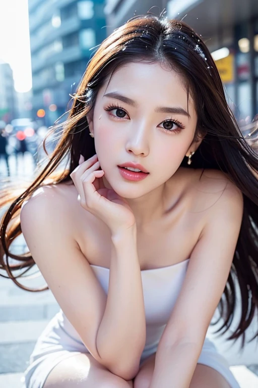 random pose, mix4, (8k, RAW photo, best quality, masterpiece: 1.2), (realistic, photorealistic: 1.37), one girl, cute, cityscape, night, rain, wet, professional lighting, photons mapping, radiosity, physically based rendering, gradient black hair, gray hair, short curly hair, handsome, girl, white ball suit, top quality photo, high res, 1080p, (clear face), (detailed face description), (detailed hand description), (masterpiece), (exquisite CG), extreme light and shadow, disheveled hair, master work, rich details, (fine facial features), (highest quality photo), (masterpiece), (detailed eyes), look in front of you eyes, fine clavicle