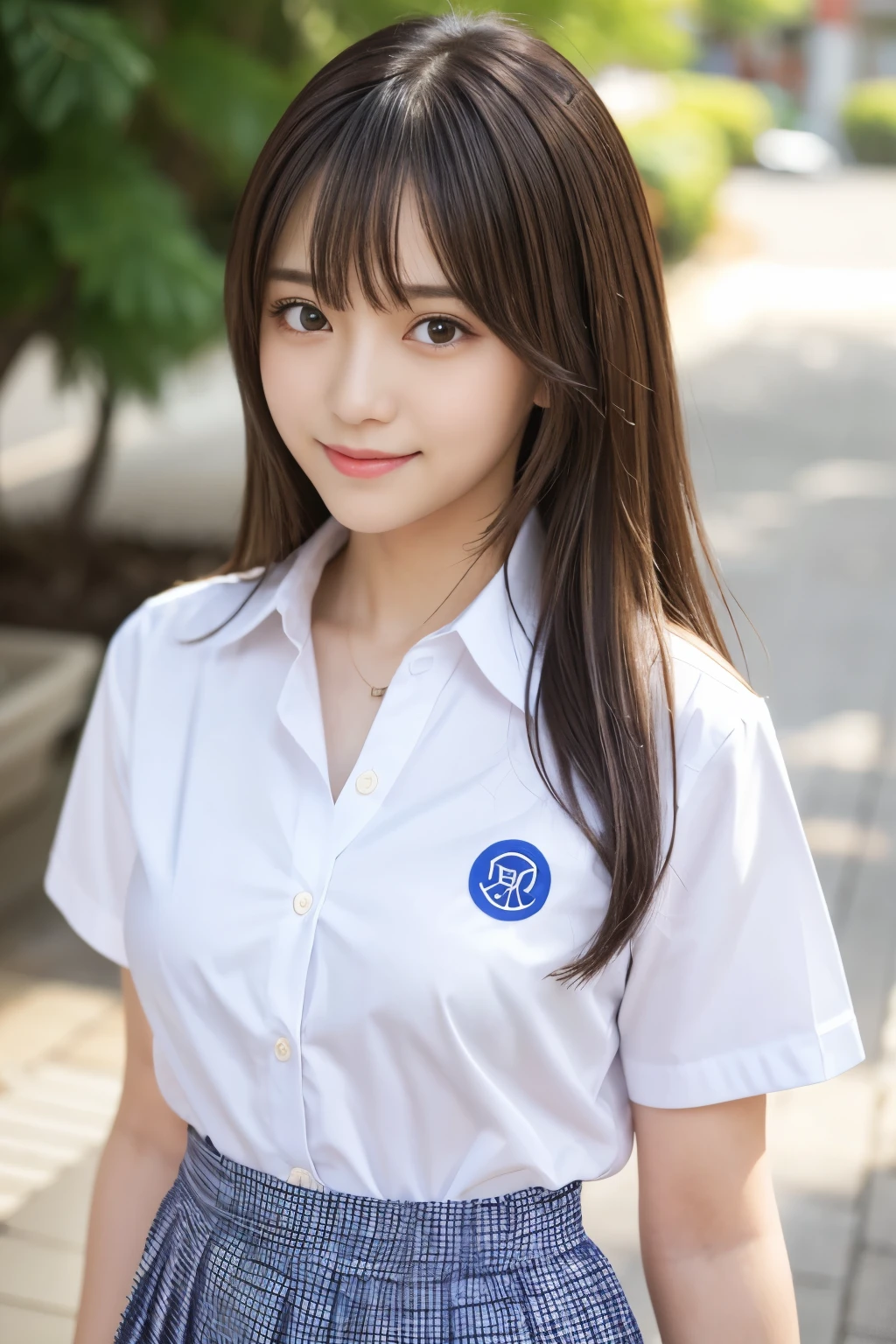 bright表情、Realistic:1.32、highest quality、超A high resolution、最も美しい日本のgirlの写真、Cute and beautiful face details、Small face、美しいbangs、14 years old、Shine, fair, Shine肌、Hair gets tangled in the face、(girl１Only people:1.3)、顔まで伸びるbangs、bangs、Hair between the eyes、Attractive brown silky hair、bright、彼女の澄んだ瞳は魅力的にShine、Cute pose、highest quality、Confused、((The cutest girl in the world))、Japanese、((Summer Uniforms for Students:1.3))、((Open shirt:1.3))、(High waist pleated skirt)、Newest Brands、(Side Half Up:1.3)、(Thin ribbon)、Nice and cute、An innocent smile、nice smile、Cleavage、(Big Breasts:1.3)、(Cute nipple showing:1.3)、Brown Hair、Tight waist、Beautiful eyes in every detail、View your viewers、Upper Body、Face close-up、Front view、