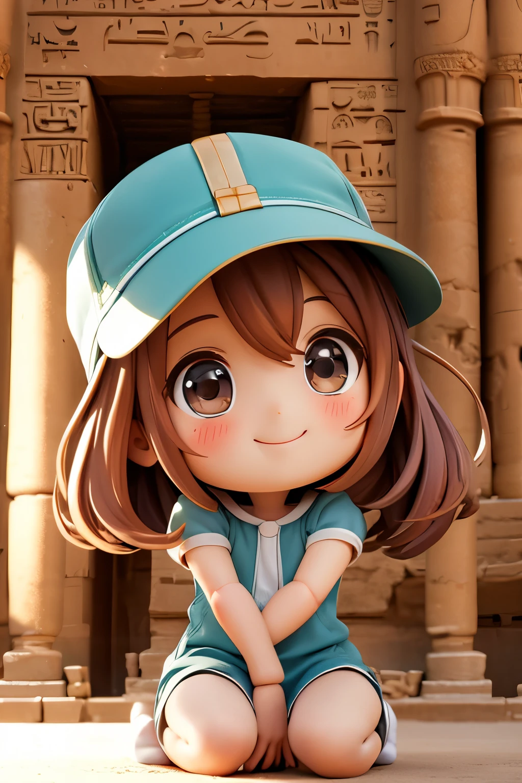 Photorealistic、Chibi girl doll visiting the pyramids of Egypt、smile、hat