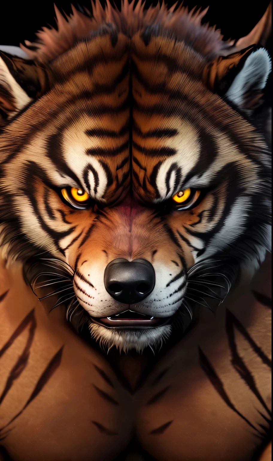 muscular werewolf tiger hybrid, burgundy brown fur, detailed fur texture, fangs, claws, glowing yellow eyes, snarling expression, intricate facial features, powerful muscles, dynamic pose, photorealistic, 8k, highres, masterpiece, award winning, cinematic lighting, dark moody atmosphere, dramatic shadows, vivid colors