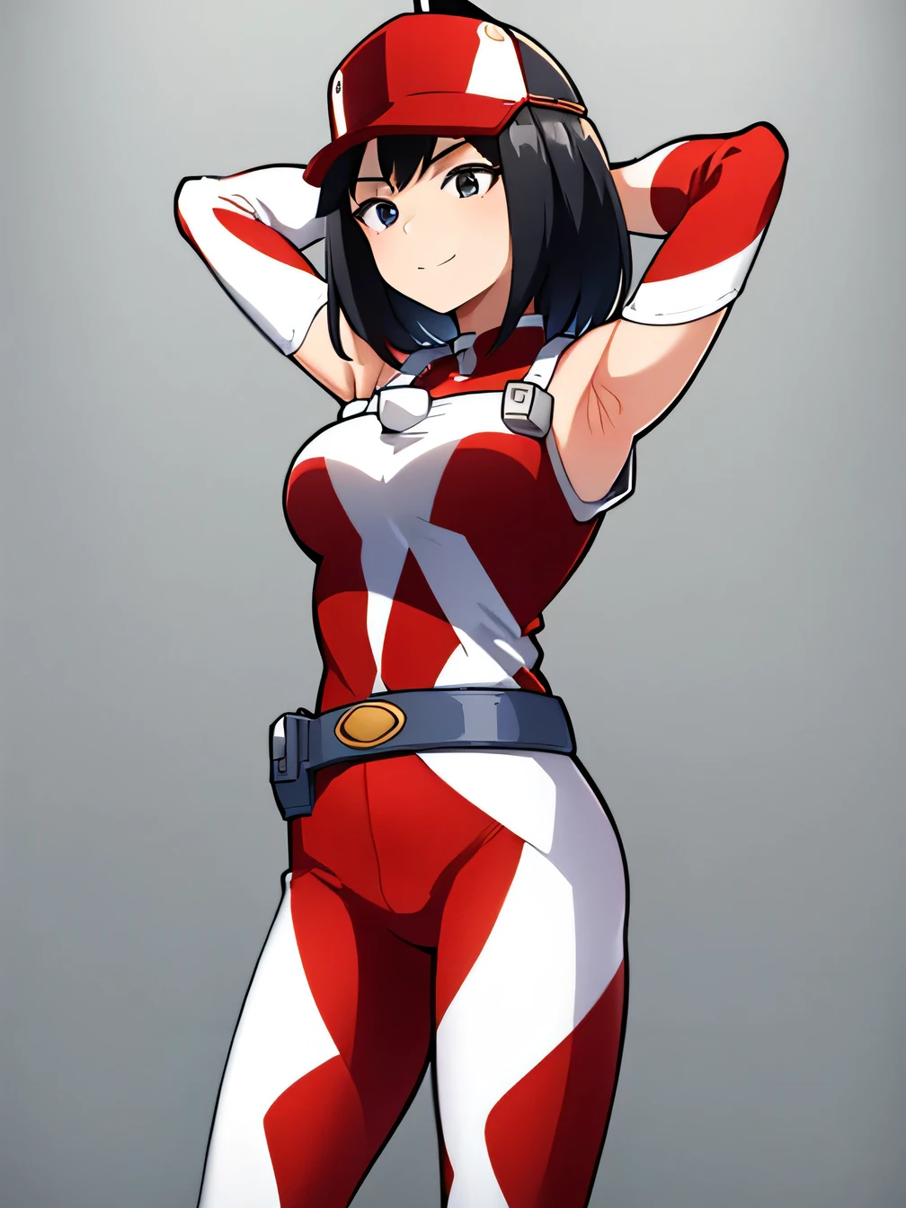 1girl, alone, yui kodai, medium hair, black eyes, smiling, embarrassed, closed mouth, best quality, (peak cap: 1.2), (red and white jumpsuit: 1.2), sleeves long, belt, (red and white pants: 1.2), (white sneakers: 1.2) large breasts, medium waist, wide hips, medium thighs, round butt, white boots,  anime, closed mouth, solo, (cowboy shot:1.5) night sky, forest, {arms behind head}, contrapposto, shy smile, spread armpits, best quality, perfect hands, perfect anatomym frontal