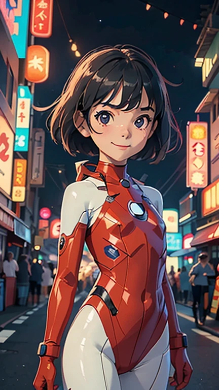 (8k),(masterpiece),(Japanese),(***************),((innocent look)),((Petit)),From the front,smile,cute,Innocent,Kind eyes,flat chest, Slender, Ultraman costume,short,Hair blowing in the wind,Black Hair,strong wind,midnight,dark,neon light futuristic city