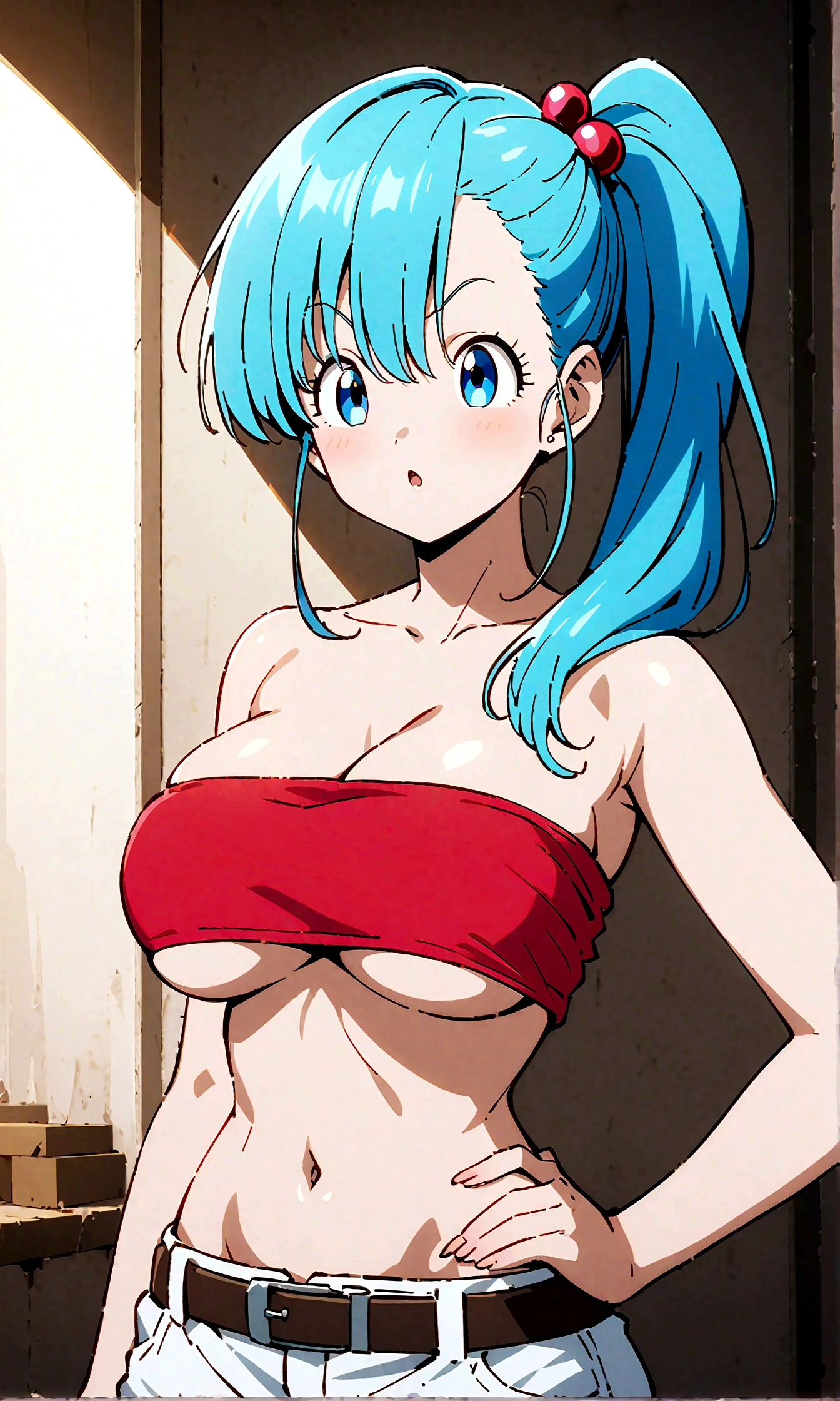 score_9, score_8_up, score_7_up, BREAK from side,upperbody,1girl,bulma, blue eyes, blue hair,bare shoulders, belt, cleavage, hair bobbles, hair ornament, hair over shoulder, (big breast),midriff, navel, one side up, red tube top, shorts, side ponytail, (strapless, tube top,under_boob:1.2),(hand on own hip),masterpiece, best quality, detailed body, highly detailed, anime coloring.