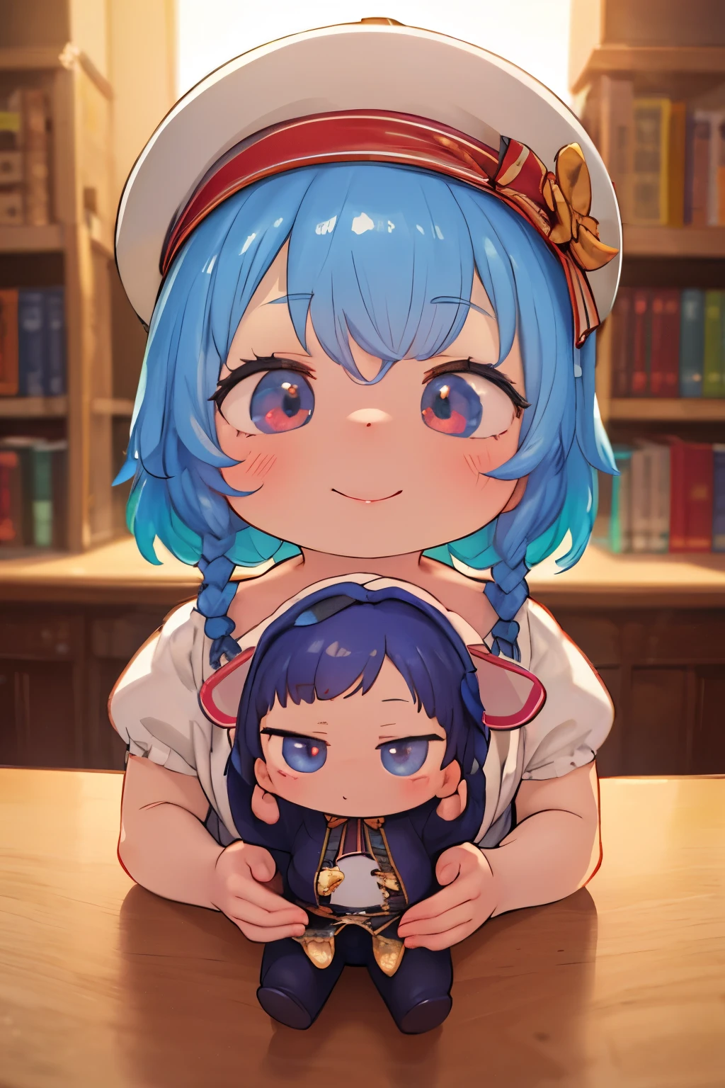 photorealistic, cute chibi girl doll, visiting Egyptian pyramids, smiling, wearing hat, high quality, 8k, detailed, hyper realistic, intricate details, warm lighting, vibrant colors, cinematic composition, masterpiece