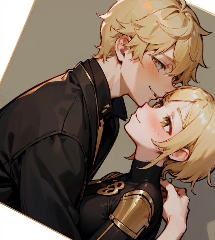 Aether Genshin Impact. Blonde hair, Golden eyes, short hair. 1boy. 1girl. Couple. Boy and girl together. Smiling. Togther.
