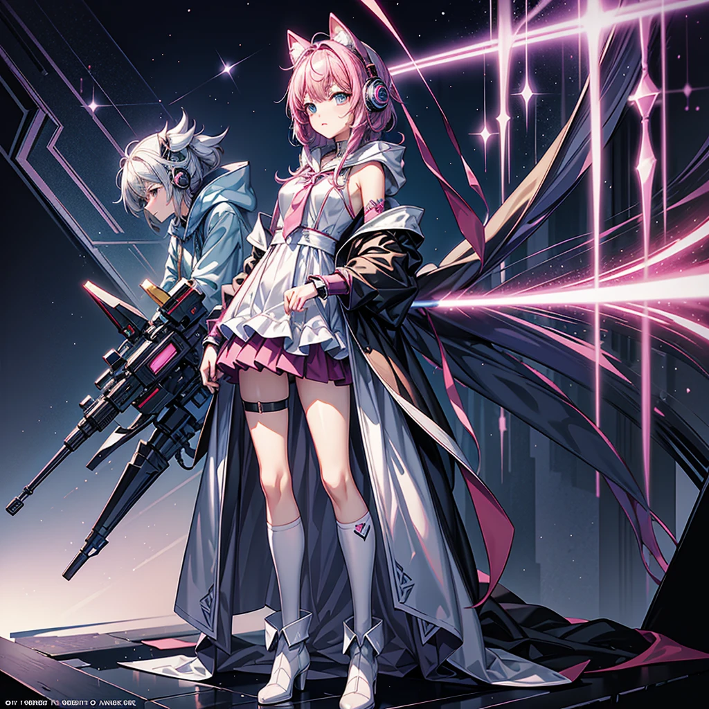 Masterpiece、highest quality、Official Art、８K、The best composition、Anime Magical Girl、cyber punk、Cute heart-shaped magic wand、Hooded cloak、Put the headset on your head、アイドルの服なのにcyber punk、White long boots、Pouch on waist、