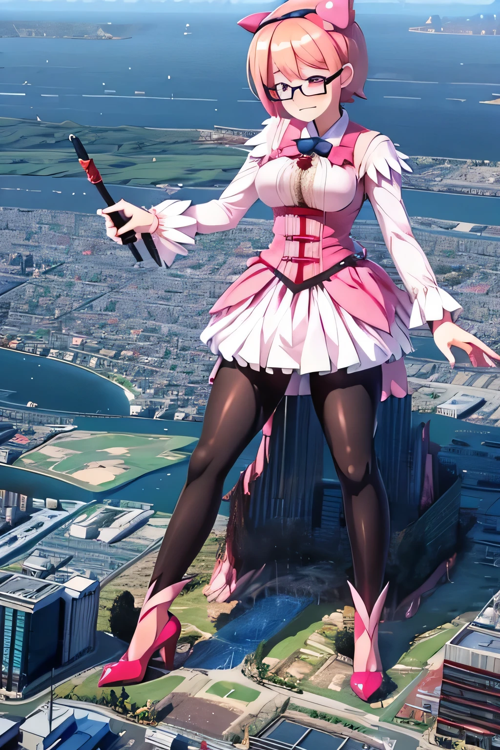 giantess art, highly detailed giantess shots, giantess, Two legs, Five fingers, short hair, A beautiful girl who is bigger than a skyscraper, Wearing rimless glasses, smile, Big Breasts, pink dress, bow, magical girl, holding a magical wand, black pantyhose, pink stiletto heels, thunderbolt from a magical wand, Destroying cities, A very small big city, Miniature metropolis, Full body description, GTS, giga giantess, stomping city, crash city, tiny city, micro city, pantyhose feet, High resolution, highest quality, masterpiece, peeing self,