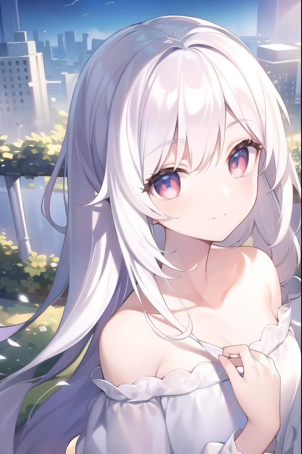 ((masterpiece, best quality))++, Detailed lighting+, Detailed hair+, Detail hand+ ,1 girl, Miss, Long hair, Crimson eyes, beautiful eyes, young white hair,,(Beautiful white hair:1.5),(Beautiful and delicate eyes), high resolution+,glass tint, Reflective eyes, {{angle}} , Very detailed wallpaper, The original, ,Sea of Flowers,Air bangs,city road,Double ponytails,Extremely beautiful CG,Girls shopping,Headband