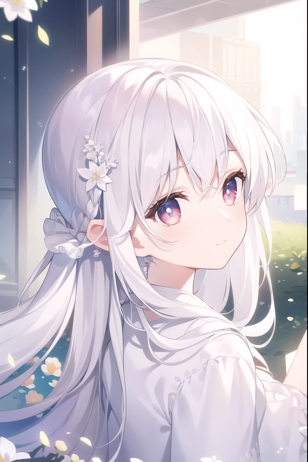 ((masterpiece, best quality))++, Detailed lighting+, Detailed hair+, Detail hand+ ,1 girl, Miss, Long hair, Crimson eyes, beautiful eyes, young white hair,,(Beautiful white hair:1.5),(Beautiful and delicate eyes), high resolution+,glass tint, Reflective eyes, {{angle}} , Very detailed wallpaper, The original, ,Sea of Flowers,Air bangs,city road,Double ponytails,Extremely beautiful CG,Girls shopping,Headband