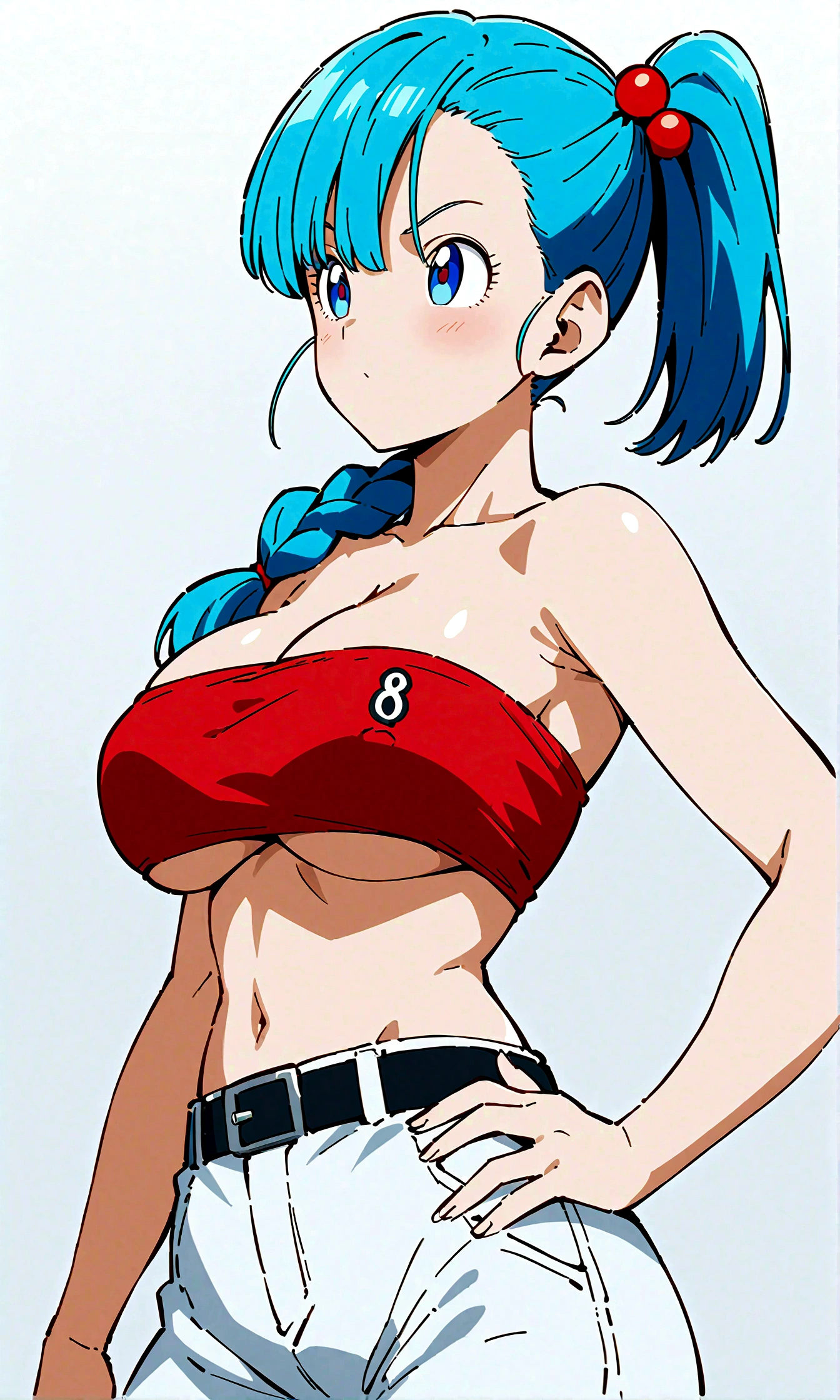  score_9, score_8_up, score_7_up, BREAK from side,upperbody,1girl,bulma, blue eyes, blue hair,bare shoulders, belt, cleavage, hair bobbles, hair ornament, hair over shoulder, (big breast),midriff, navel, one side up, red tube top, shorts, side ponytail, (strapless, tube top,under_boob:1.2.nipple.),(hand on own hip),masterpiece, best quality,  detailed body, highly detailed, anime coloring.