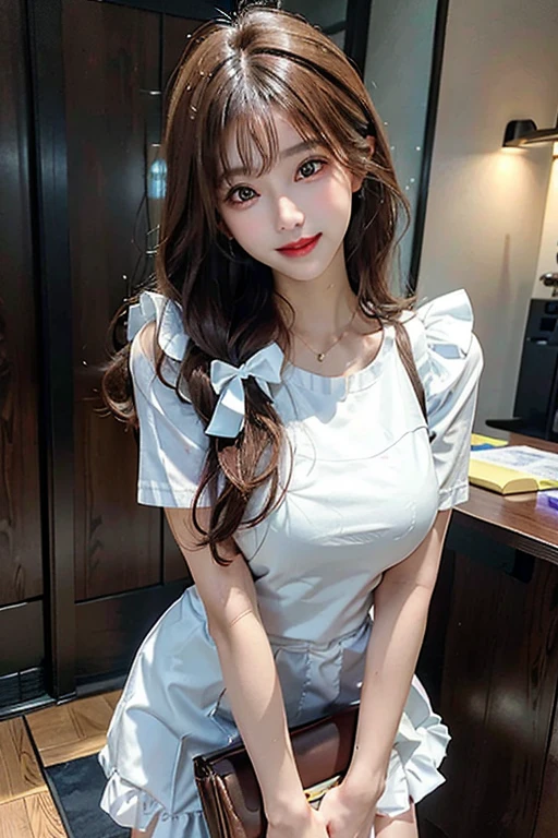 Masterpiece, best picture quality, one beautiful girl, detailed eyes, swollen eyes, brown hair, long hair, fair skin, cute, cute legs, short skirt, Japanese woman, Asian beauty, moonlight, strong eyes, professional lighting, bright lighting, double eyelids, slender, Japanese woman, Asian beauty, short skirt, huge smile, sweat, fresh, cute white apron with frills, bright white bedroom, looking front, close-up, young face,Real,