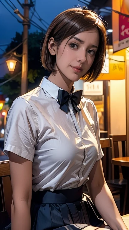 (8k, RAW Photos, highest quality, Tabletop:1.2), (Realistic, Photorealistic:1.37), Super detailed, 1 Indian girl, cute, alone, Beautifully detailed skies, Detailed cafe, night, Sitting, Date, (Red nose), (Light Smile:1.1), Medium chest, Beautiful fine details, (Collared shirt:1.1), bow tie, Pleated skirt, (short hair:1.2), Floating Hair、Black Shirt, masterpiece, anatomically correct, textured skin, high details, best quality, 8k