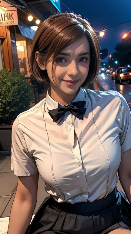 (8k, RAW Photos, highest quality, Tabletop:1.2), (Realistic, Photorealistic:1.37), Super detailed, 1 Indian girl, cute, alone, Beautifully detailed skies, Detailed cafe, night, Sitting, Date, (Red nose), (Light Smile:1.1), Medium chest, Beautiful fine details, (Collared shirt:1.1), bow tie, Pleated skirt, (short hair:1.2), Floating Hair、Black Shirt, masterpiece, anatomically correct, textured skin, high details, best quality, 8k