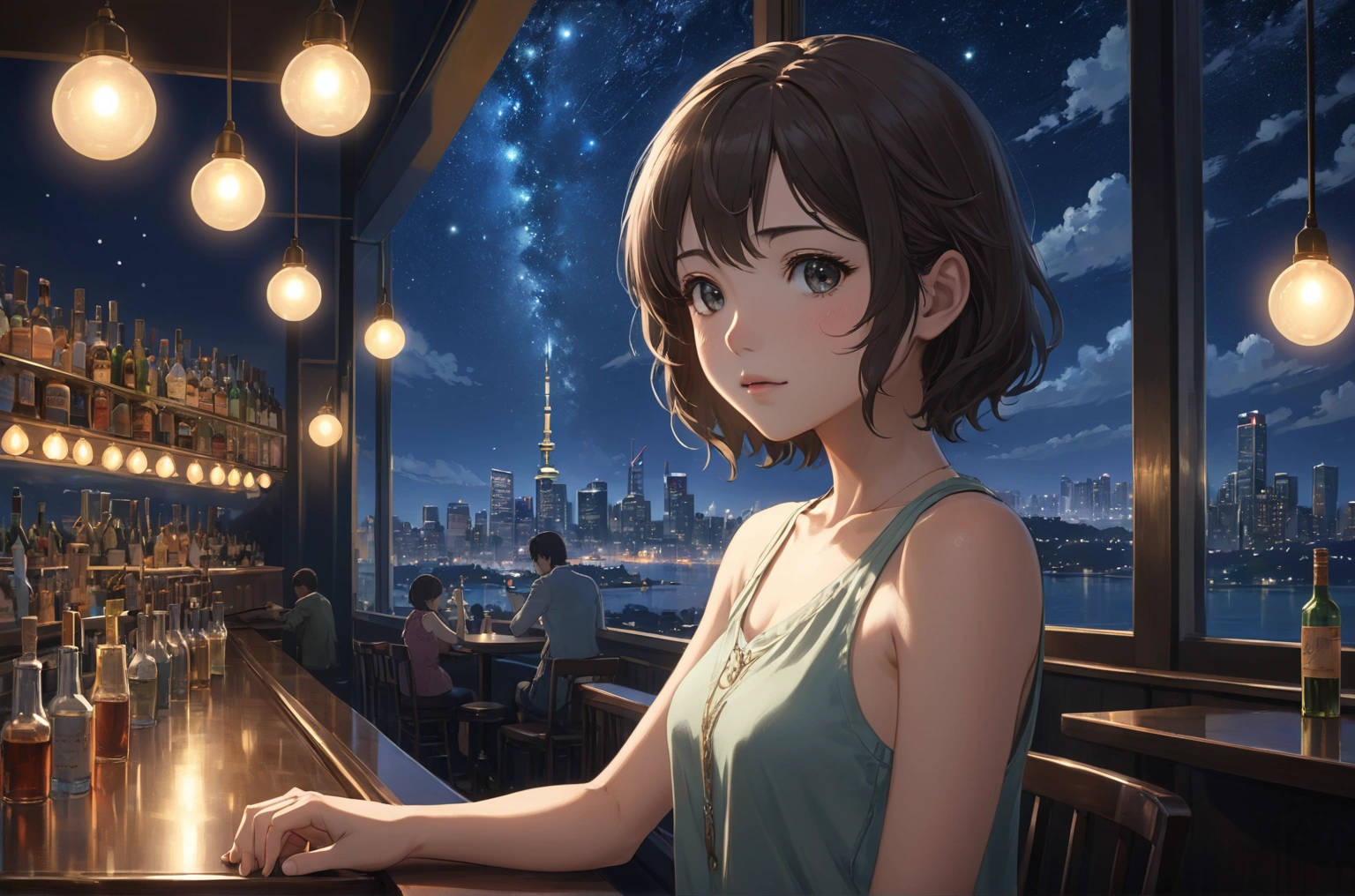 Uses Makoto Shinkai&#39;s depiction perfectly,Claire Forlaniのポートレート,8k 4k masterpiece photo ,Tokyo,A jazz bar with a glass ceiling,The twinkling stars can be seen through the glass windows.,It&#39;s a dark night outside,Jazz is playing,Beautiful in profile,Semi-long hair,Look in a different direction,There is a wine glass on the table in front of me.１There are、tight fitting tank top dress,The bust is large,Different store