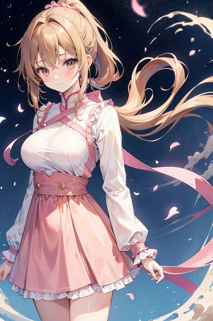 Anime, girl, big breasts, Long hair light brown color, light brown eyes, blushing, smooth white skin, Looks very cute, Gentle and neat personality, Shy, Agasshi., Small and short, Ponytail-hair style, Sweet smile, pink long sleeve dress