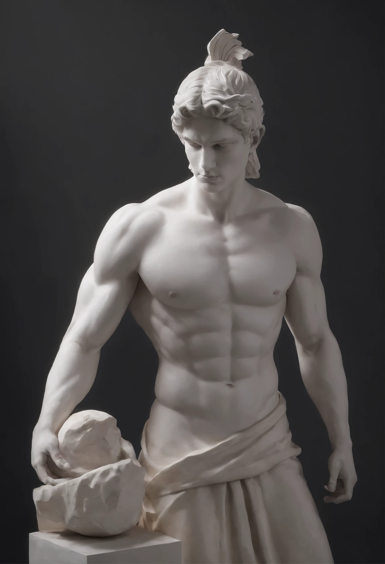 Greek god white stone statue in a dark studio, perfect muscular body statue, man statue, minimal background, classic physique.