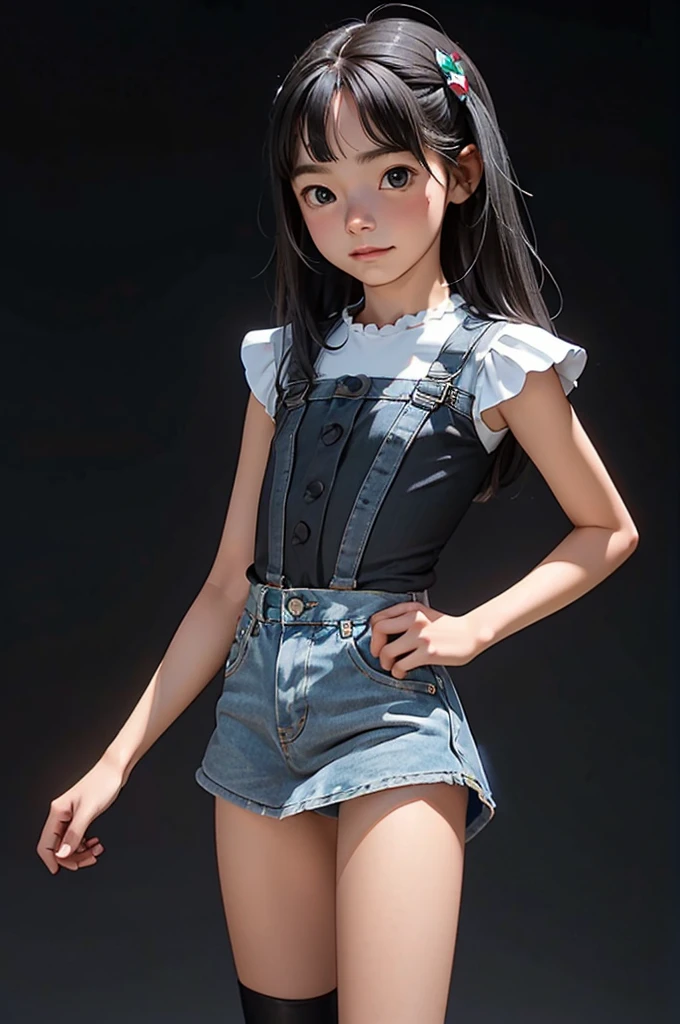 4k, masterpiece, 8K, high quality, 最high quality,10歳のLovely少女 , Honors Student, The skin is so white, Brown long curly hair，small，short length，freckle，Thick eyebrows，Bangs，(flat chest) ，Feminine, freckle, tilt, elegant, elegant, Lovely, Smile, Lovely, , belly button, Denim low waist mini skirt, ((Black tights)), (Clothes)、((Gray background))