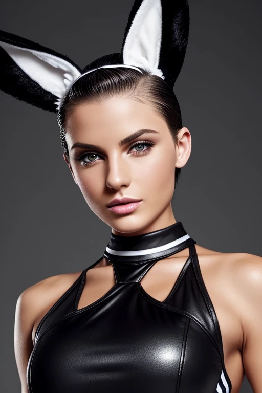 Gorgeous european woman with very short straight hair, short hair, wet hair, hair slicked back, combed straight back, slick hair, streaked blonde hair, seductive, dressed in cheerleader outfit, bunny ears, cleavage, solid dark grey background