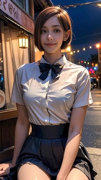 (8K, Best quality, Masterpiece:1.2), (Realistic, photo-realistic:1.37), Ultra-detailed, 1 girl,Cute, Solo,Beautiful detailed sky,Detailed Cafe,Night,Sitting,dated,(nose blush),(Smile:1.1),(Closed mouth) Medium breasts,Beautiful detailed eyes,(Collared shirt:1.1), neck bowtie,Pleated skirt,(Short hair:1.2),Floating hair