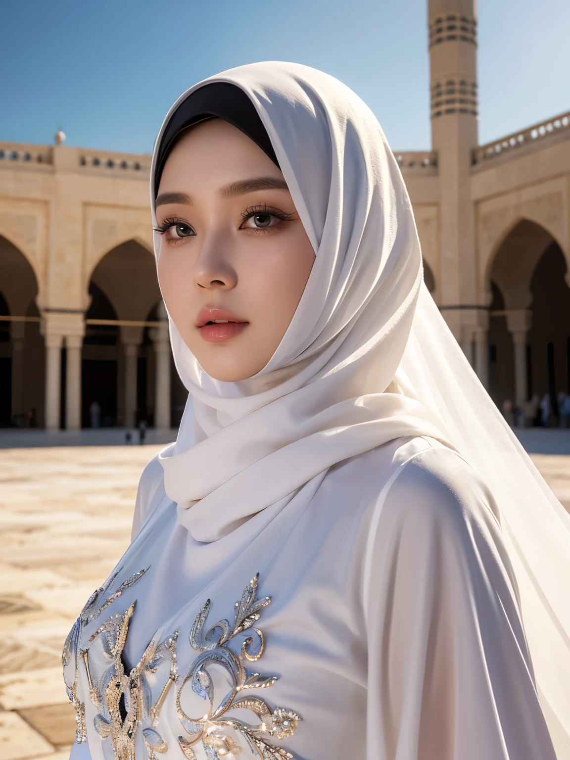 High-resolution image of an Indonesian Muslim woman standing facing forward, wearing a neat hijab, wearing a white veil and long white abaya with ihram clothing, in front of the Ka'bah during the day, with many people in the background .photorealistic, 8k, hyperdetailed, cinematic lighting, dramatic pose, intricate details, hyper realistic, concept art, fantasy, digital art, vibrant colors, beautiful detailed eyes, beautiful detailed lips, extremely detailed eyes and face, long eyelashes, highly detailed face, realistic human anatomy, elegant dress, gorgeous scenery, magical elements, otherworldly landscape, dramatic lighting, intricate details, stunning colors