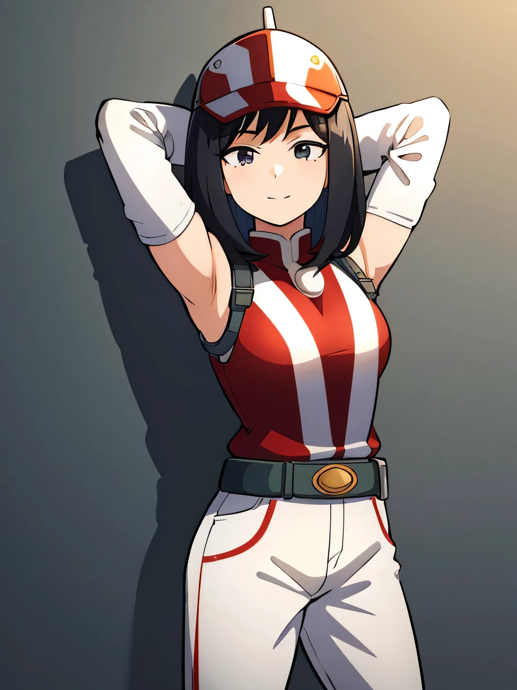 1girl, alone, yui kodai, medium hair, black eyes, smiling, closed mouth, best quality, (peak cap: 1.2), (red and white jumpsuit: 1.2), sleeves long, belt, (red and white pants: 1.2), (white sneakers: 1.2) large breasts, medium waist, anime, closed mouth, solo, (cowboy shot:1.5) night sky, forest, {arms behind head}, contrapposto, shy smile, spread armpits, best quality, perfect hands, expressionless,