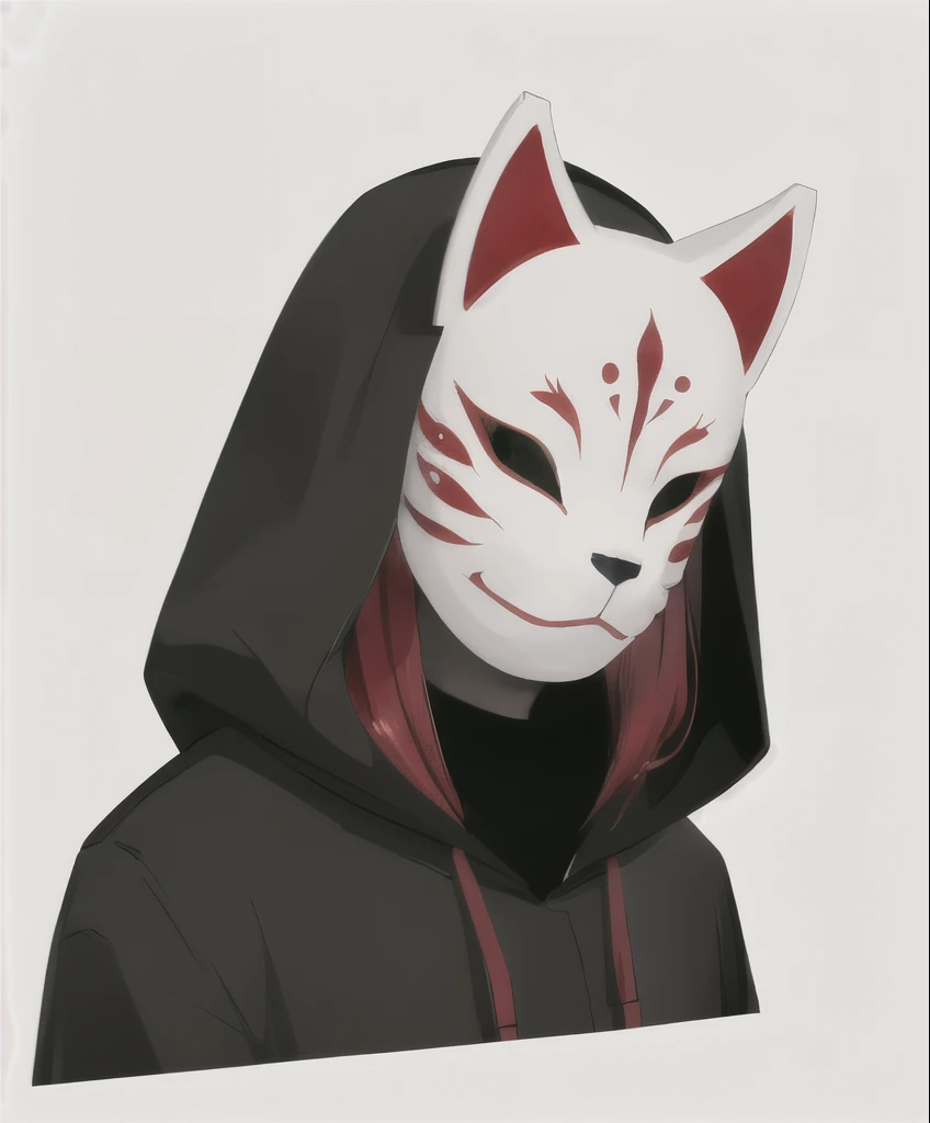 red theme,anbu,1male,red hair,no human,closed mouth,cloak,hood up,simple background,solo, kitsune mask, mask