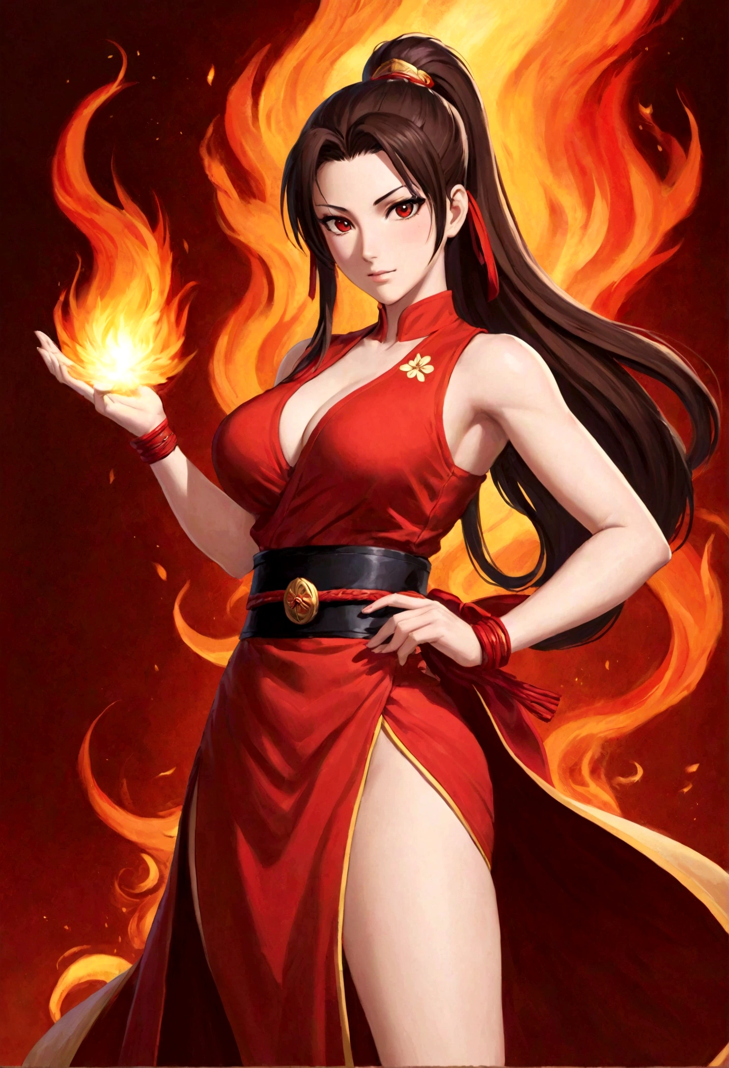 Honor of Kings,Game character anthropomorphism,Mai Shiranui,beautiful eyes,Skin details,Fluffy high ponytail,Long hair,Big breasts,Red split skirt,sleeveless,belt,Long legs,upright,tall and straight,One hand crosses the waist,One hand straight,Red flame background