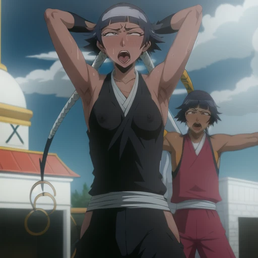 ( Animation screenshots:1.1), Nipples exposed, long black hair in a ponytail, side breasts,eternal, japanese clothing, - Hip vents, no underwear,small breasts, (white eyes:1.1),No eyeballs, Also available in black, no headgear,low double braids,facing the audience, looking at the audience, tired, from below, (Exposed armpit:1.1), ((armpit:1.2)), Sexy, Sweat dripping, More and more sweat,(ahegao), (Roll your eyes), naughty face, blush, open mouth, Sticking out tongue, saliva, Slobber,Runny nose,skinny, raise arms, (arms above head:1.5)