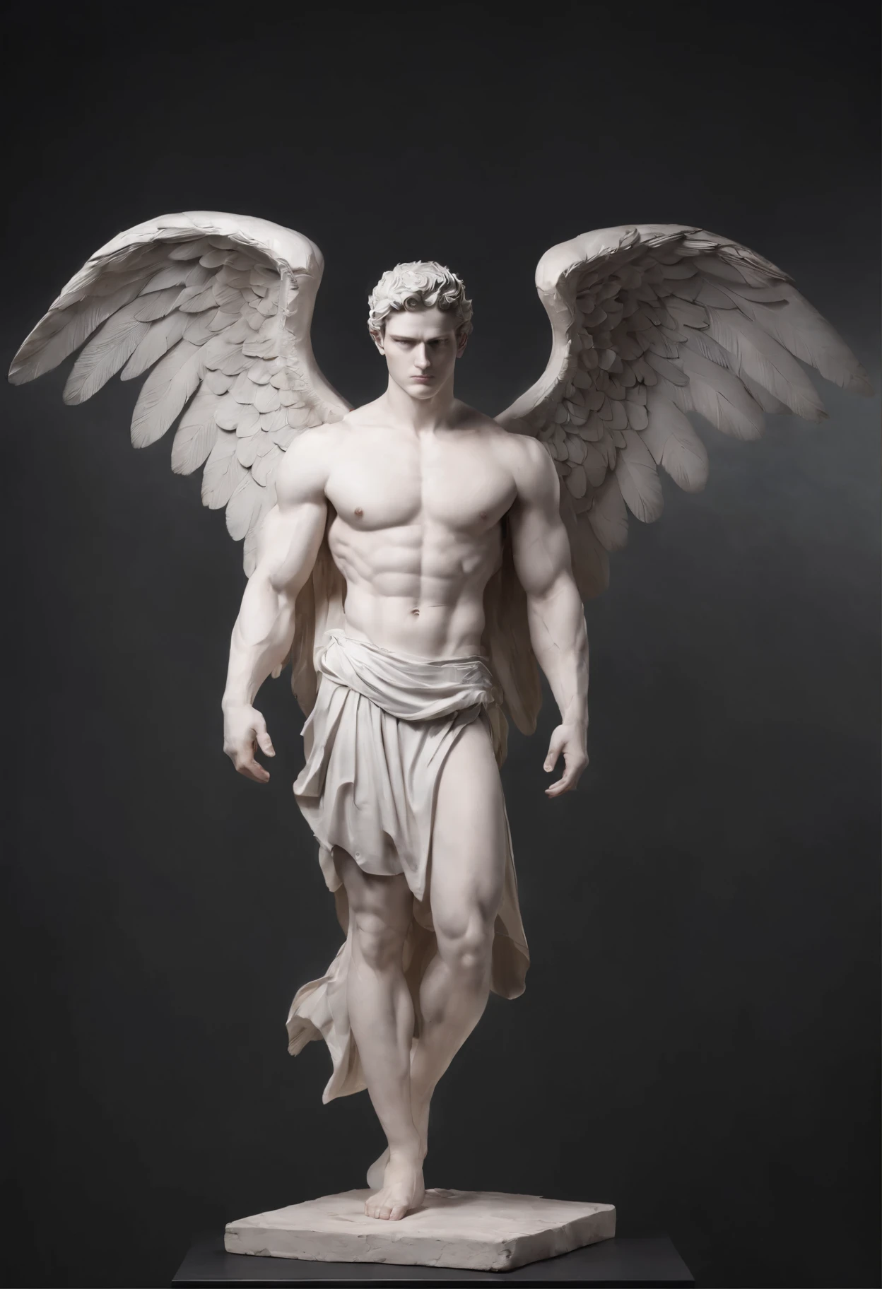 Greek god white stone statue in a dark studio, perfect muscular body statue, big wings on his back, man statue, minimal background, classic physique.