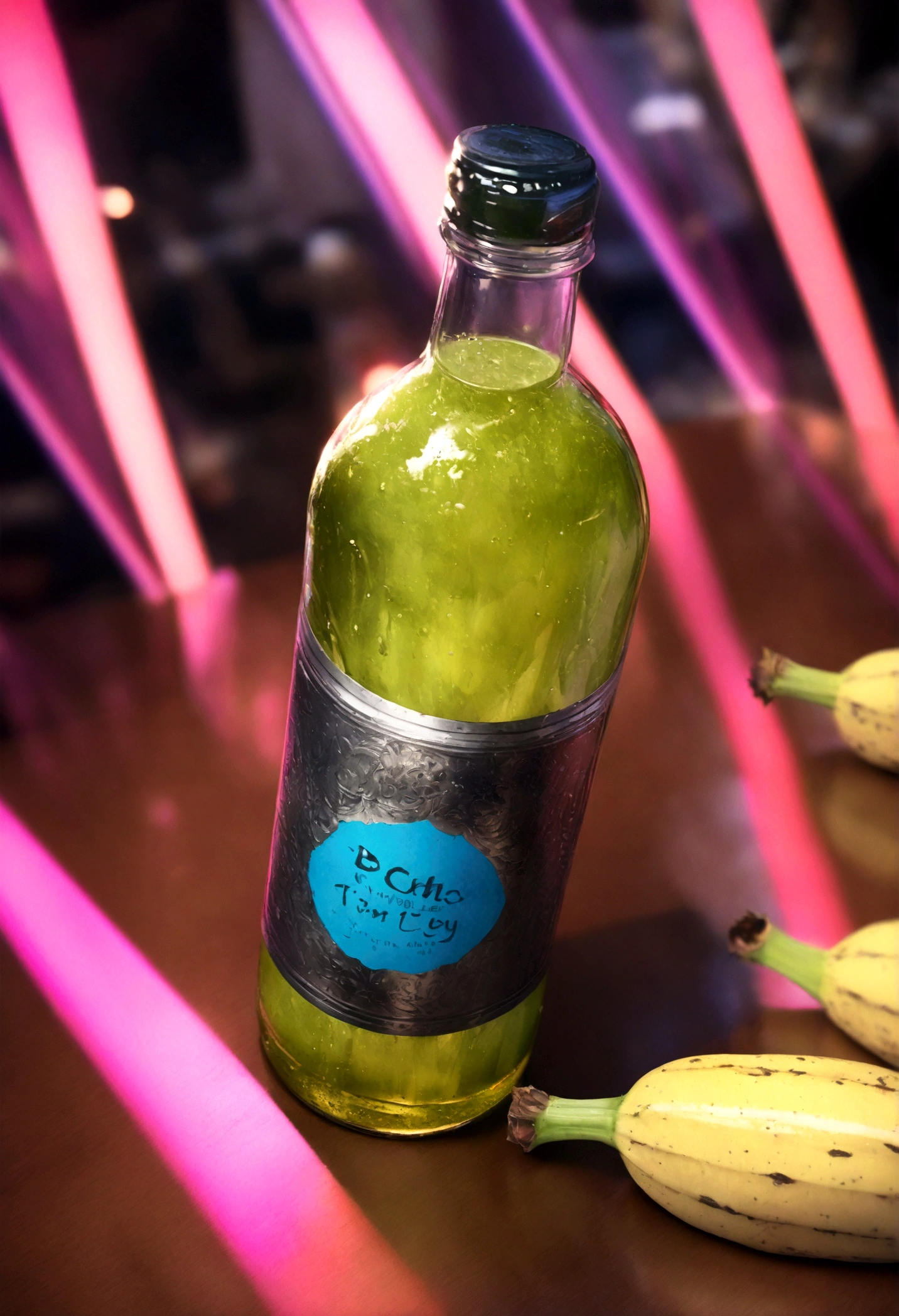 1 bottle of banana and celery flavored alcoholic beverage,detailed glass bottle,realistic photo,photorealistic,high resolution,8k,vibrant colors,glowing liquid,dynamic lighting,cinematic angle,professional product photography,glass reflection,depth of field,beautifully styled