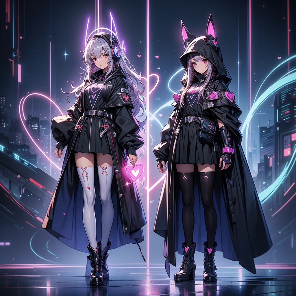 Masterpiece、highest quality、Official Art、8K、The best composition、Anime Magical Girl、cyber punk、Cute heart-shaped magic wand、Hooded cloak、Put the headset on your head、アイドルの服なのにcyber punk、White long boots、Pouch on waist、