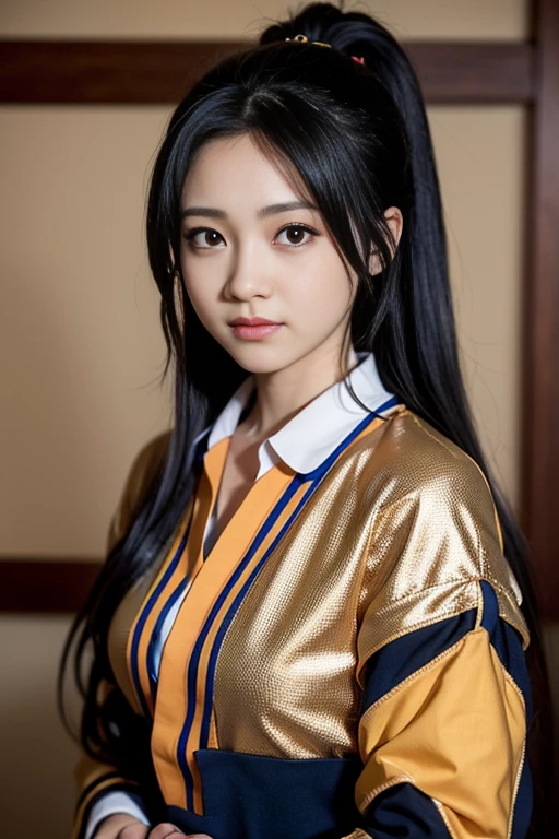 art by yaguru magiku, A teenage girl wearing a black knight armor, angry smile, in the style of Kyoto Animation in the 2010s, official art, ((((black hair)), eyes of Haruhi Suzumiya, face of Haruhi Suzumiya)), beautiful symmetric face, ponytail, at a medieval european castle on an autumn day, fantasy, alone, solo, 8k, posing of Haruhi Suzumiya