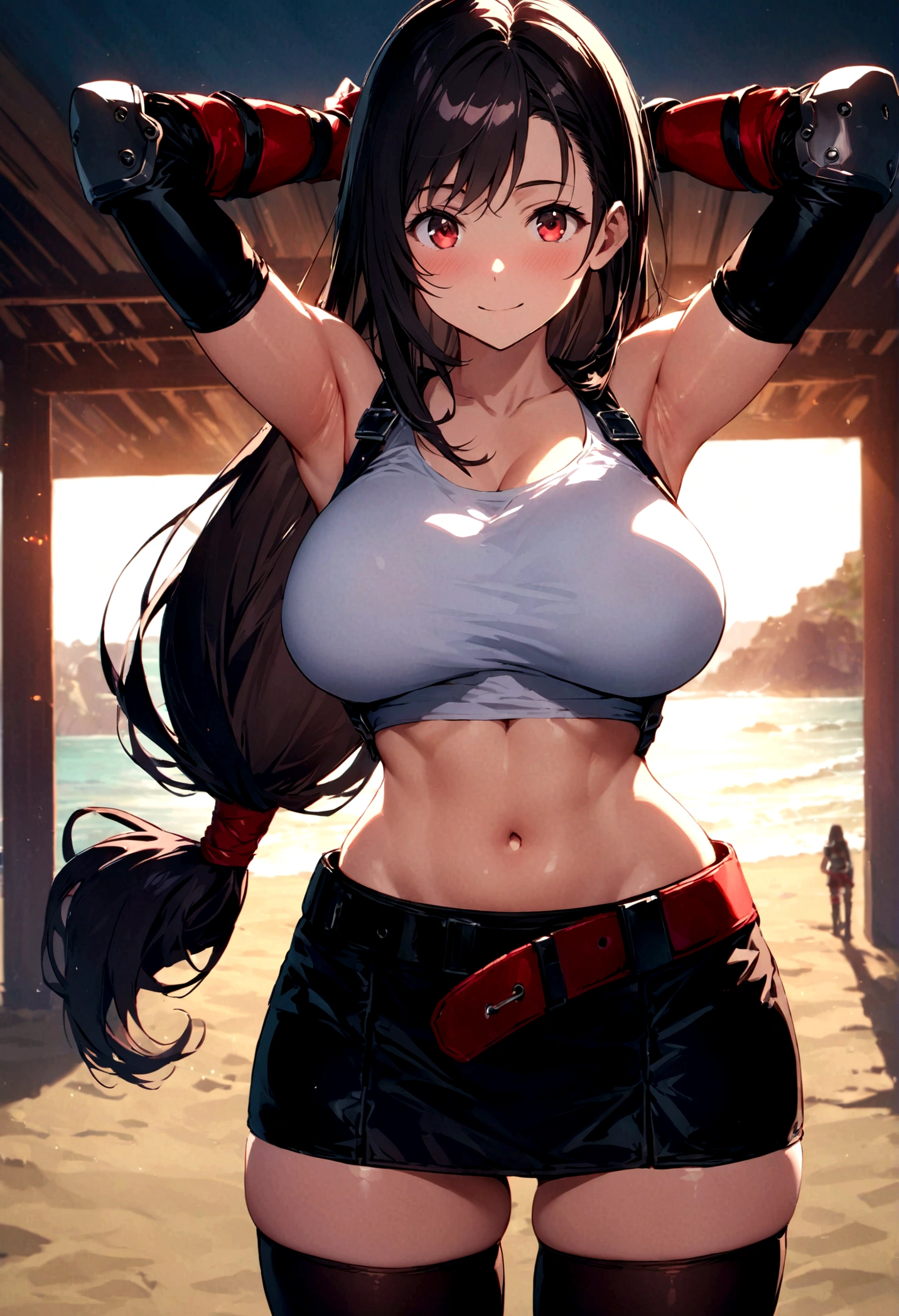 score_9, score_8_up, score_7_up,4k, ,BREAK , (from front,medium angle),standing,straight-on,arms up,arms behind head,(upperbody),looking_at_viewer ,1girl, tifa lockhart, final fantasy, tareme,black hair, low-tied long hair, red eyes, bangs, white tank top, belt, pleated skirt, thighhighs, elbow fingerless gloves, elbow pads, midriff, navel,suspender skirt, ,big_breasts,() ,,(light smile),shiny skin,(Curvy waist), ,Solo,,(daytime and beachside,), ,,,detailed skin,,((best quality)),,(aesthetic,very aesthetic),(beautifulbody),(UHD),anime,highly detailed,sharp focus,depth of field,,professional lighting,cinematic lighting,