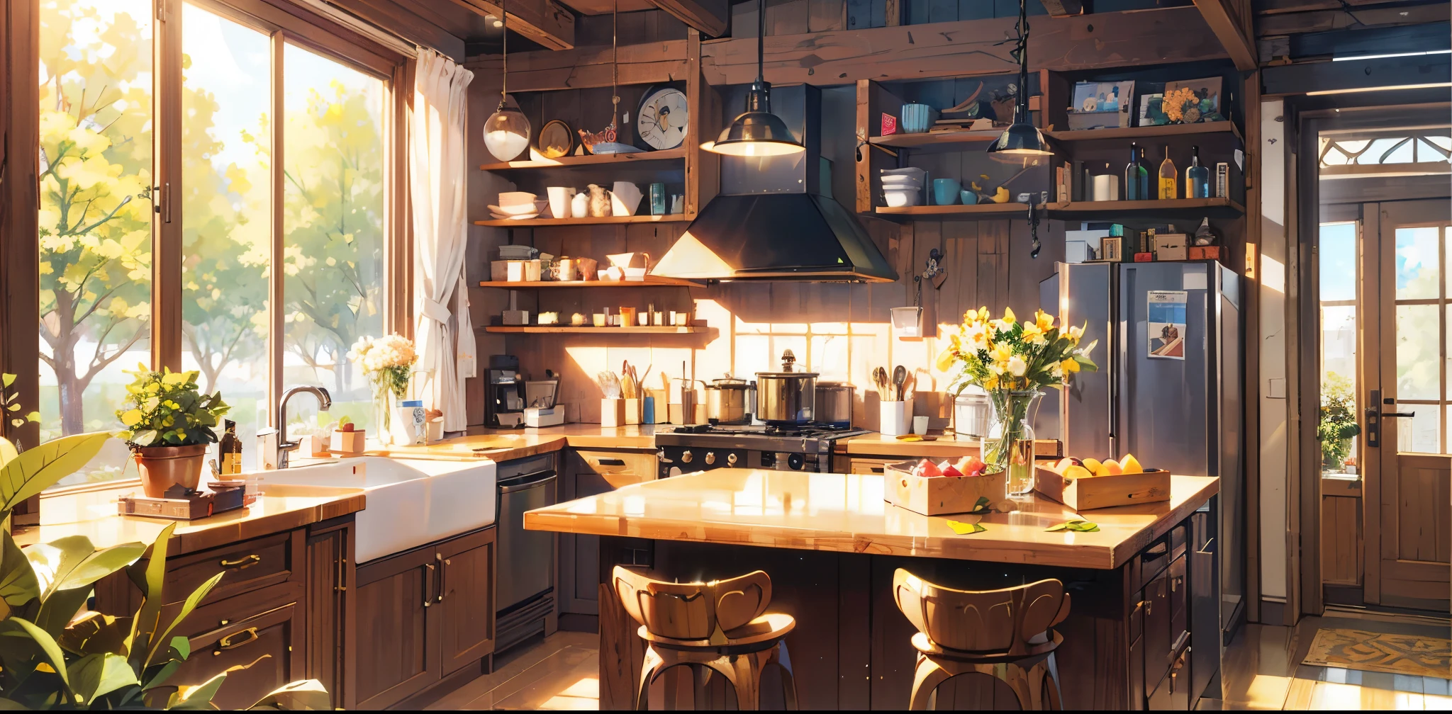 masterpiece,best quality,official art,extremely detailed CG unity 8k wallpaper,outdoors, animal, kitchen，vase，Sunlight,studio ghibli,Warmth,vivid colors, intense lighting,，(Best Quality), ((Masterpiece), (Details: 1.4), HDR (High Dynamic Range), Ray Tracing, NVIDIA RTX, Super Resolution, Unreal 5, Subsurface Scattering, PBR Textures, Post Processing, Anisotropic Filtering, Depth of Field, Maximum Acutance and Clarity, Multilayer Textures, Albedo and Highlight Maps, Surface Shading, Accurate Simulation of Light-Material Interactions, Perfect Proportions, Octane Rendering, Bicolor Light, Large Aperture, Low ISO, White Balance, Rule of Thirds, 8K RAW, realistic,