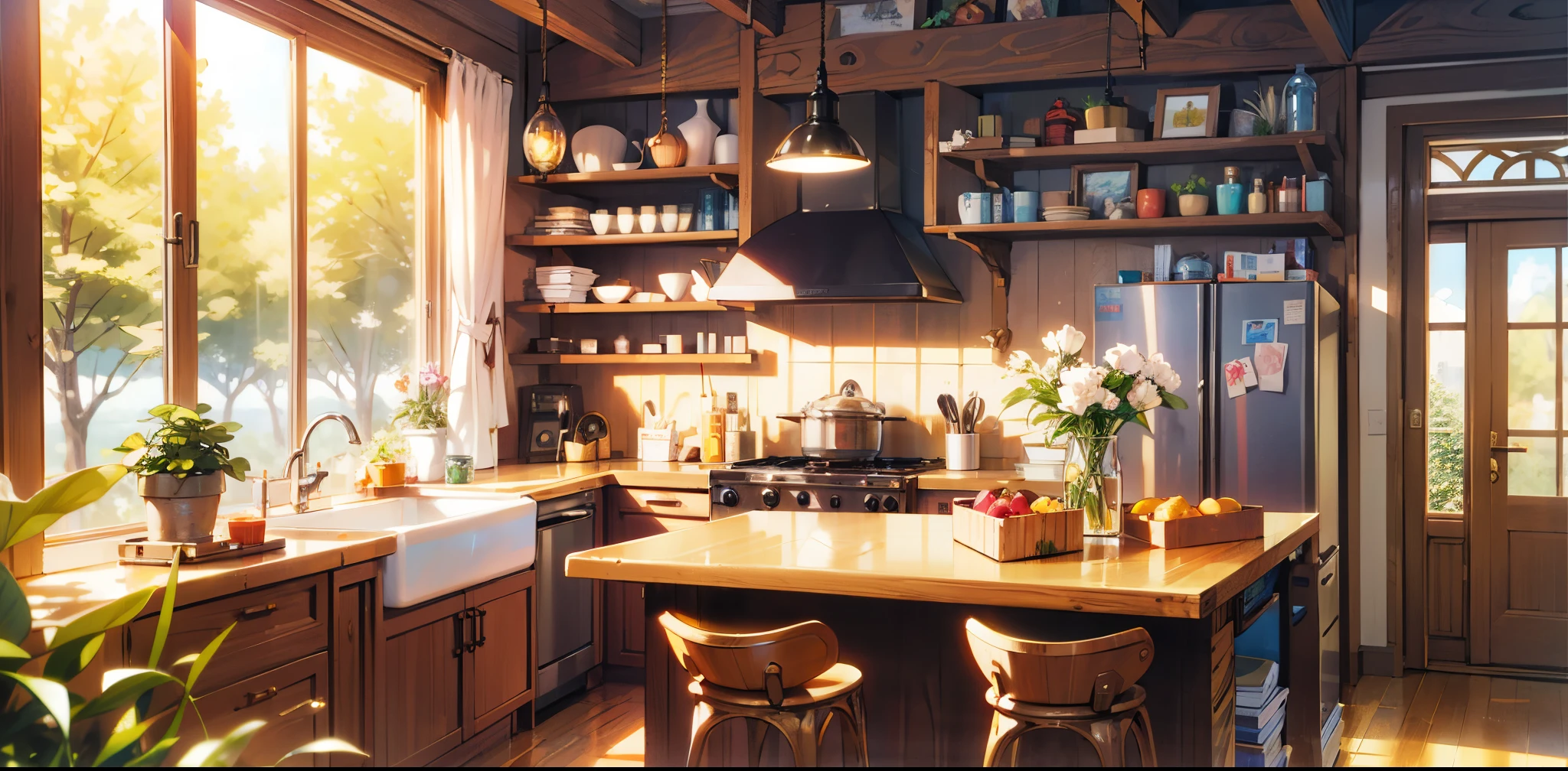 masterpiece,best quality,official art,extremely detailed CG unity 8k wallpaper,outdoors, animal, kitchen，vase，Sunlight,studio ghibli,Warmth,vivid colors, intense lighting,，(Best Quality), ((Masterpiece), (Details: 1.4), HDR (High Dynamic Range), Ray Tracing, NVIDIA RTX, Super Resolution, Unreal 5, Subsurface Scattering, PBR Textures, Post Processing, Anisotropic Filtering, Depth of Field, Maximum Acutance and Clarity, Multilayer Textures, Albedo and Highlight Maps, Surface Shading, Accurate Simulation of Light-Material Interactions, Perfect Proportions, Octane Rendering, Bicolor Light, Large Aperture, Low ISO, White Balance, Rule of Thirds, 8K RAW, realistic,