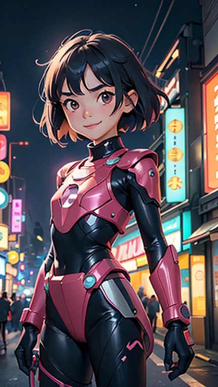 (8k),(masterpiece),(Japanese),(8--old l),((innocent look)),((Petit)),From the front,smile,cute,Innocent,Kind eyes,flat chest, Slender, Ultraman costume,short,Hair blowing in the wind,Black Hair,strong wind,midnight,dark,neon light futuristic city