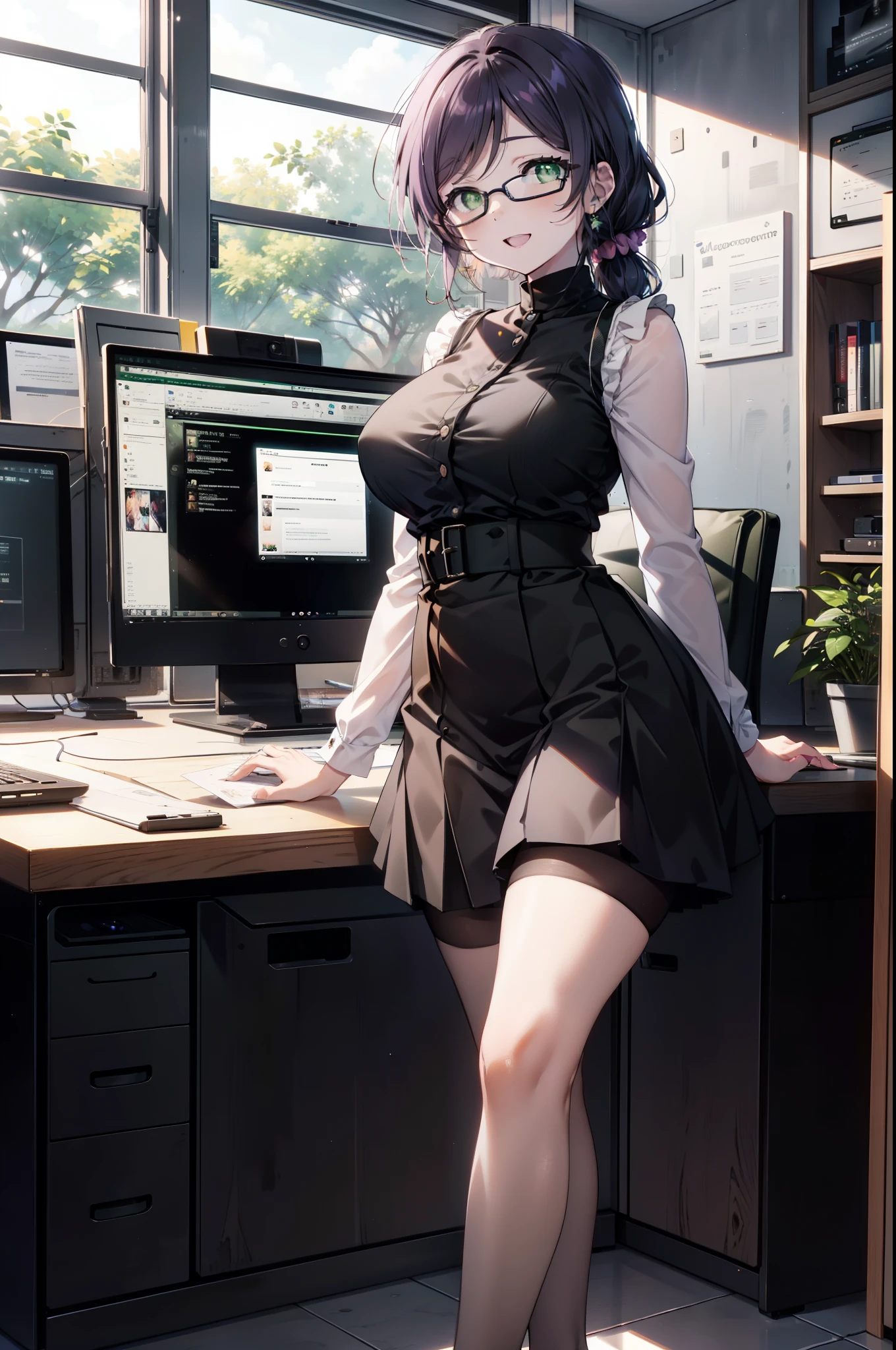 nozomitoujou, Nozomi-san always, (Green Eyes:1.5), Purple Hair, Long Hair, (Large Breasts:1.2),happy smile, smile,low ponytail,Low ponytail,Scrunchie,Black-rimmed glasses,Open your mouth,Sleeveless dress,Long skirt,Black pantyhose,Stiletto heels,There is a computer on the table,walking,Daytime,Clear skies,whole bodyがイラストに入るように,
break looking at viewer,whole body,
break indoors, office,
break (masterpiece:1.2), highest quality, High resolution, unity 8k wallpaper, (figure:0.8), (Beautiful fine details:1.6), Highly detailed face, Perfect lighting, Highly detailed CG, (Perfect hands, Perfect Anatomy),