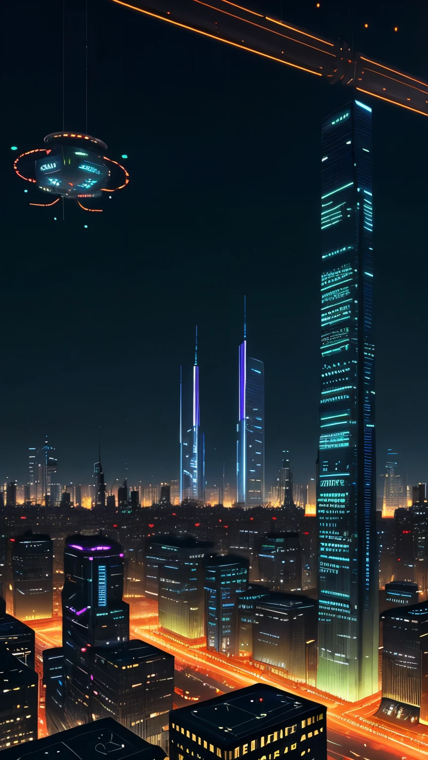 In the heart of a dystopian cityscape of 2130, a cluster of towering structures loom, their metallic frames etched with the glow of electronic lights. These buildings house the complex machinery of a world where human minds are increasingly intertwined with technology. The streets are eerily silent, devoid of the hum of life, replaced instead by the constant, rhythmic pulsing of electronic circuits.
Hovering above, tiny flying drones zip by, their lights flickering in the dim ambient glow.nested within these structures, holograms display ads, their vibrant, ever-changing colors casting a spectral glow over the city. The streets are paved with what