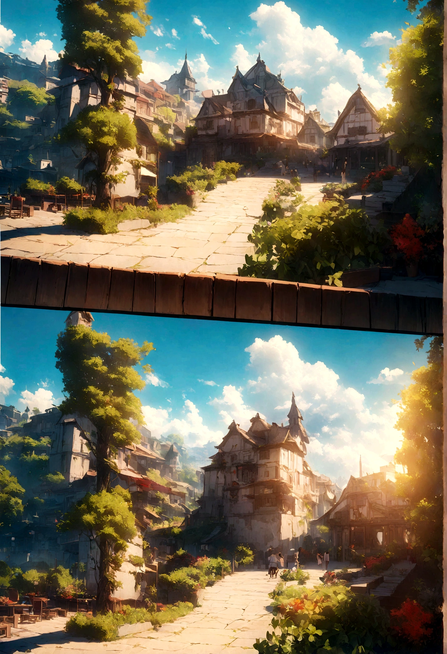 （（（comics分镜））），comics，QR diagram，comics风格，Makoto Shinkai animation style，Shinkai Makoto animation art style，Ultra wide angle viewing angle，Chinese，Small town，Imagine，Bright and colorful，Ultra-fine，Super detailed，high quality，8K ，oc rendering，Dynamic perspective，Super real，Super real照片