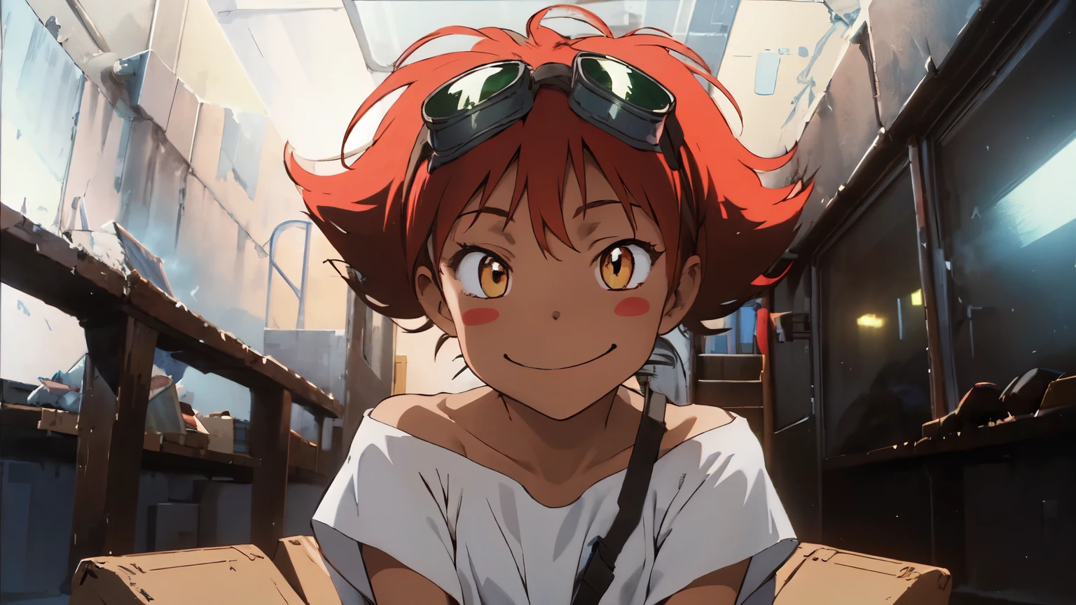 Edward, midriff, orange hair, blush stickers, (tanned skin) (white loose shirt), off shoulder, bike shorts, brown eyes, goggles on head, smile, sitting in cockpit, spaceship, space background, bare feet, full body, looking at viewer (insanely detailed, beautiful detailed face, masterpiece, best quality ,