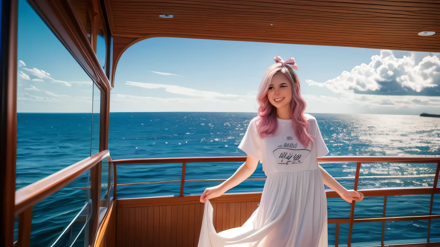 large DOF,ear_ornament,(on the ship:1.1),(8k, RAW photo, best quality, masterpiece:1.2),cinematic light,ultra-detailed,hyper detailed,absurdres,realistic,photo_(medium),happy,smile,t-shirt,knotting,white long dress,yuukananri,pink hair,green eyes,long hair,cloud,ship deck,tetsukui,sunlight,daytime,ocean,