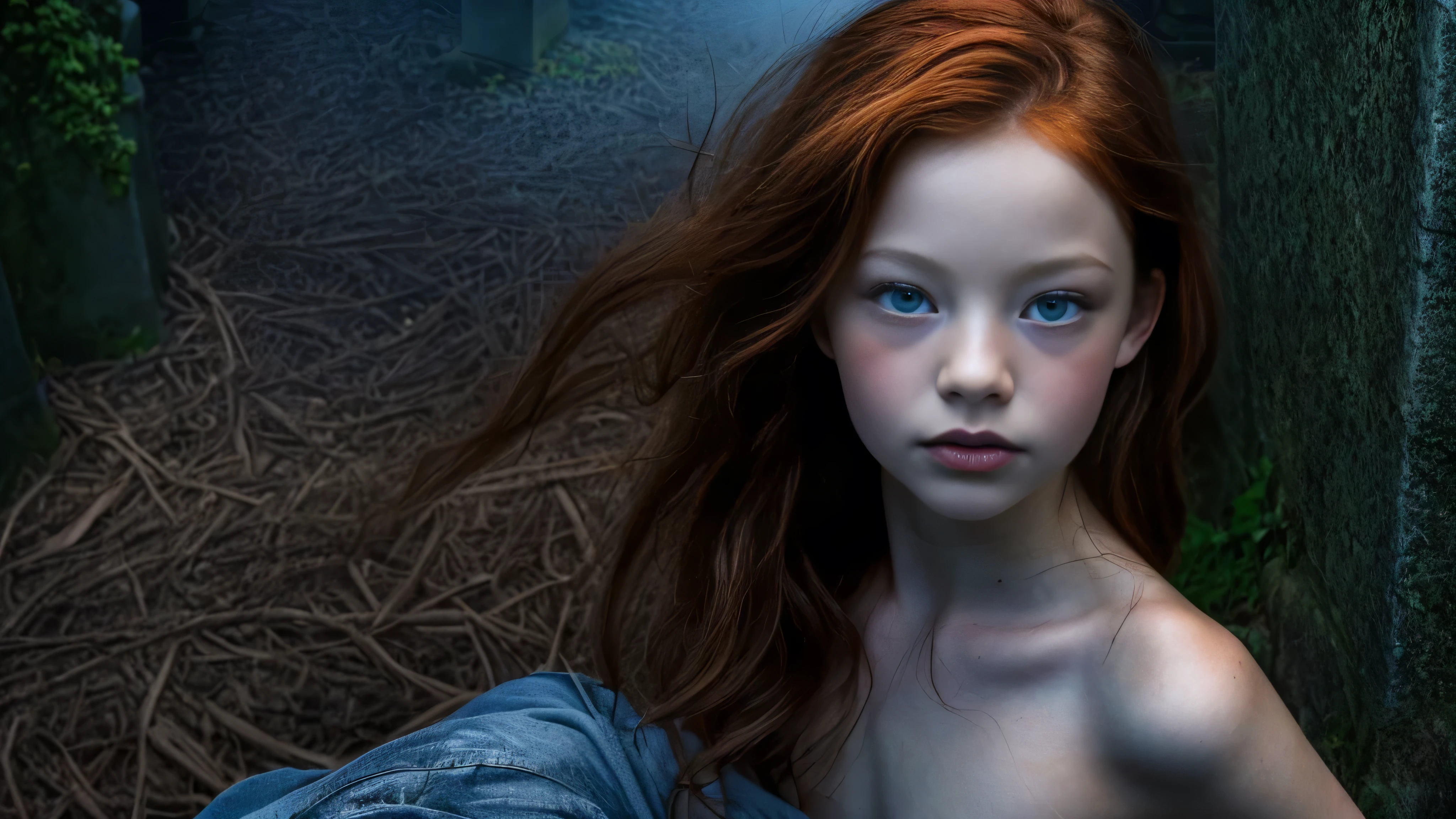 (Mackenzie Foy ginger hair teen girl,13 years old with spread legs:1.6), (long, messy hair:1.3), blue eyes, detailed eyes, detailed lips,(lies nude, sensual, full body:1.5), (photo from above:1.5), (lies naked in stunning, dark and scary, creepy gothic cemetery, gothic:1.5),(mood, creepy, mist, fog, wind:1.5) low neck, ray tracing, (best quality, 4k, 8k, high resolution, masterpiece:1.2), very detailed, (realistic , photorealistic, photorealistic :1.37), HDR, UHD, masterpiece, professional, vivid colors, bokeh, studio lighting, nsfw