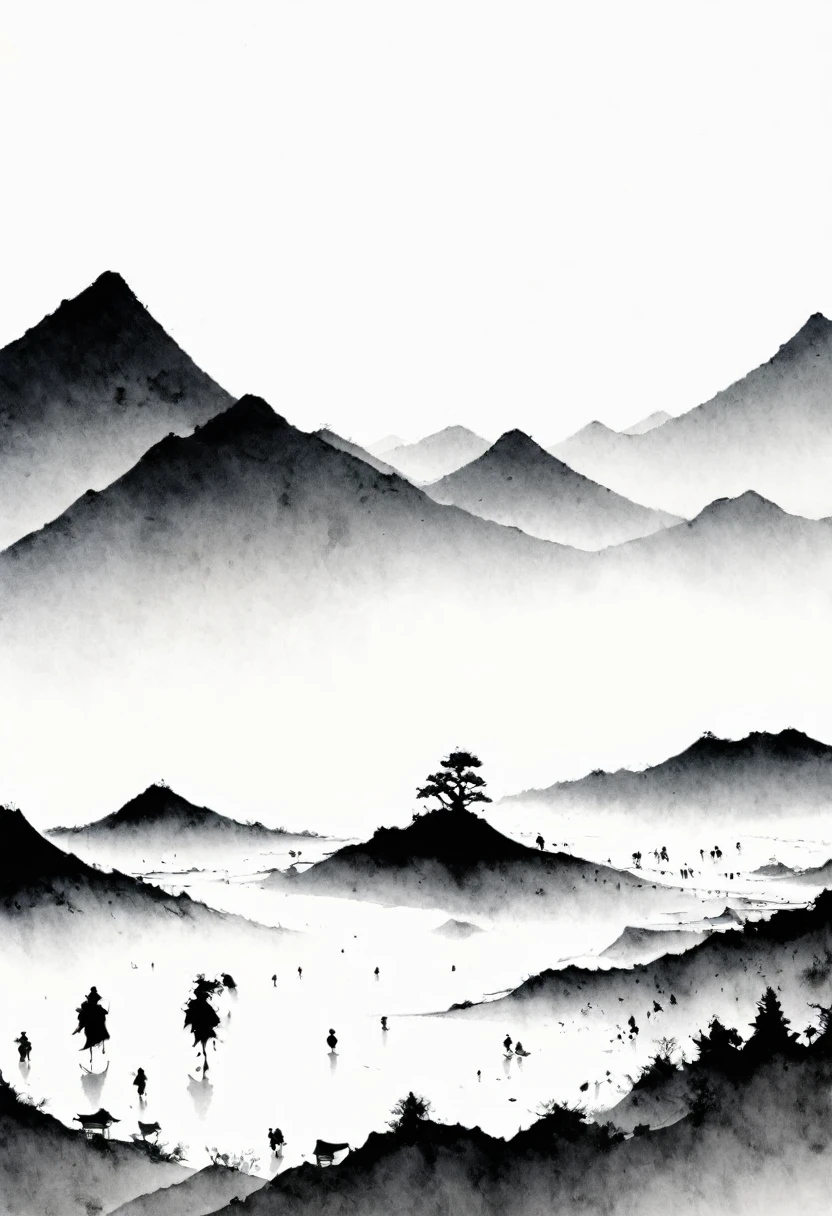 (Lots of white space:1.5),(Lots of white space around:1.6), White background, simple, Minimalism, abstract,Freehand,Aesthetic,black and white,Ink Painting,antiquity,Mountain,People in the distance