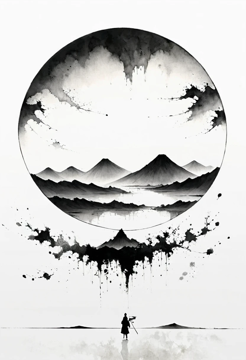 (Lots of white space:1.5)，(Lots of white space around:1.6), White background, simple, Minimalism, abstract,Freehand，Aesthetic，black and white，Ink Painting，antiquity，Mountain，People in the distance